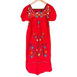 Traditional Red Embroidered Floral Mexican Peasant Artisan Maxi Dress